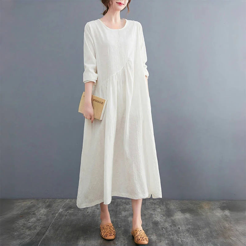 Buddha Stones Smiple Jacquard Pattern Long Sleeve Cotton Linen Women's Midi Dress With Pockets