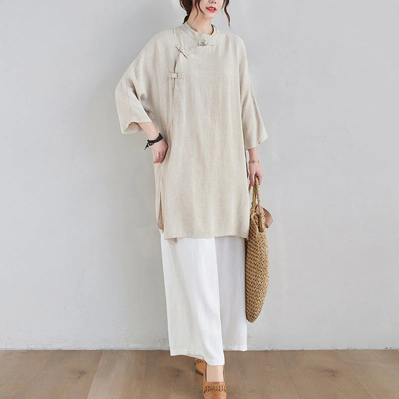 Buddha Stones 2Pcs Plain Design Zen Tai Chi Meditation Clothing Cotton Linen Top Pants Women's Set