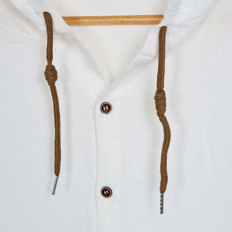 Buddha Stones Solid Color Long Sleeve Hooded Drawstring Buttons Cotton Men's Shirt