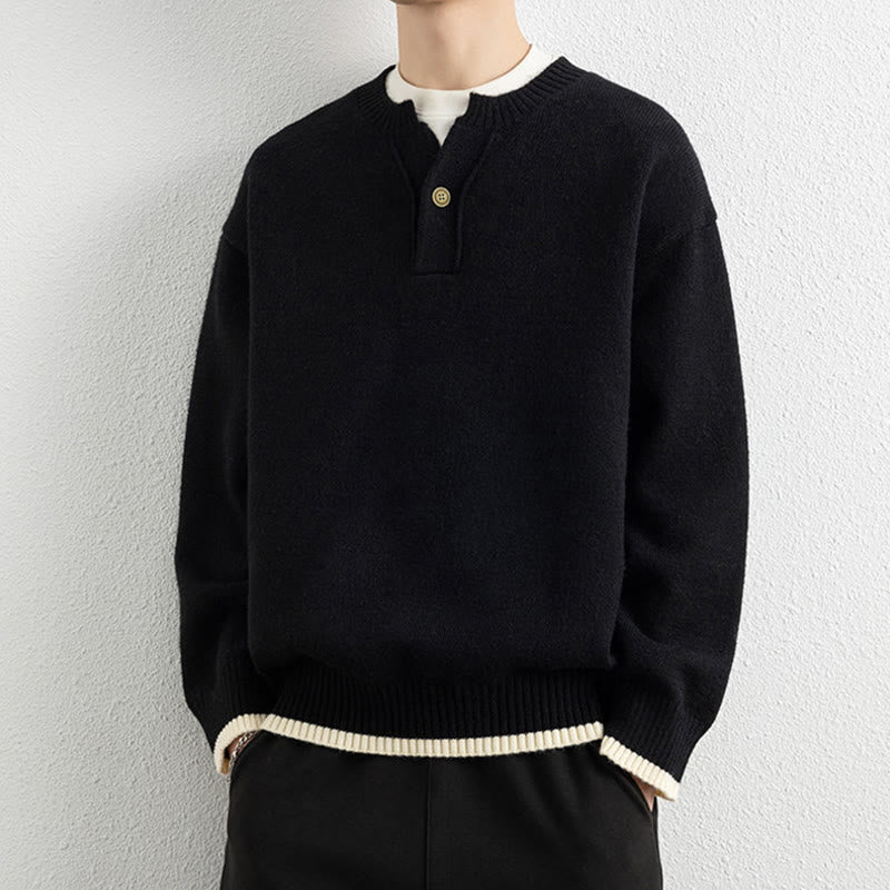 Buddha Stones Winter V-Neck One Button Design Warm Men's Long Sleeve Knitted Sweater