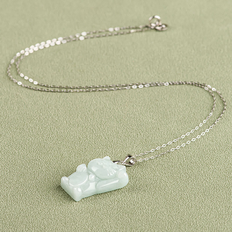 Buddha Stones Jade Fortune Cat Prosperity Titanium Steel Necklace Pendant