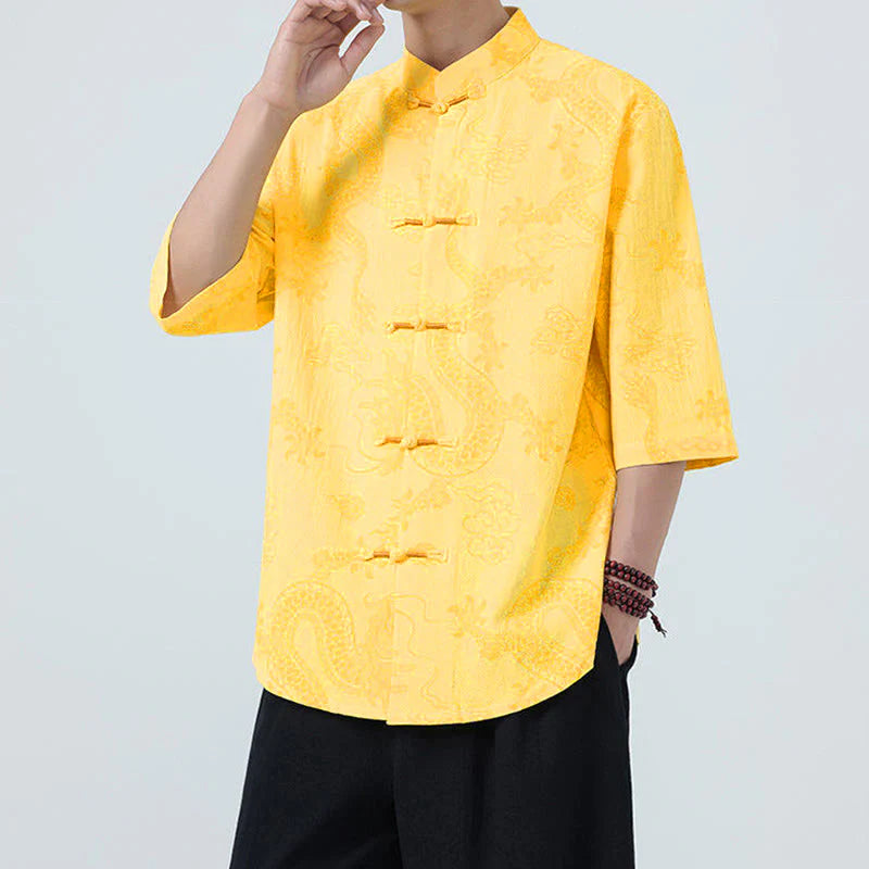 Buddha Stones Summer Dragon Auspicious Clouds Pattern Tang Suit Men's Frog-Button Half Sleeve Cotton Shirt