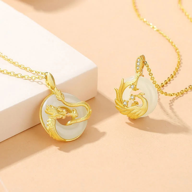 Buddha Stones 925 Sterling Silver Year of the Dragon Hetian Jade Golden Dragon Phoenix Peace Buckle Luck Necklace Pendant