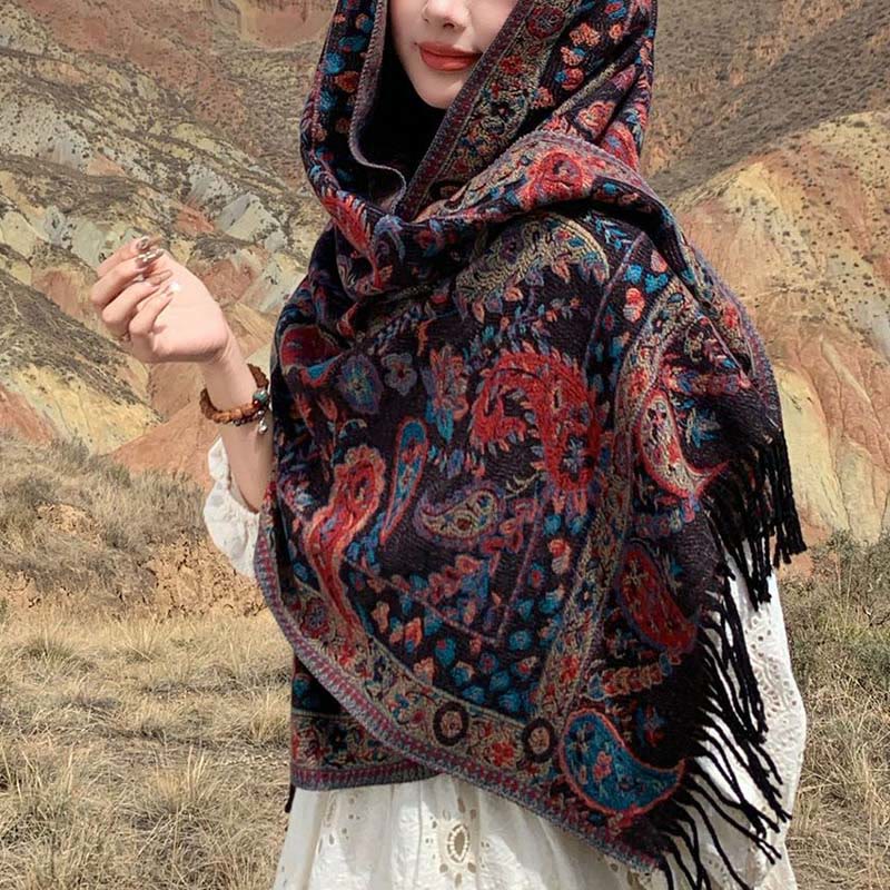 Buddha Stones Ethnic Embroidered Paisley Flowers Pattern Tassel Soft Scarf Shawl