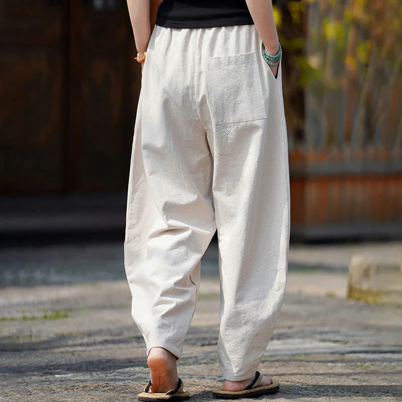 Buddha Stones Summer Plain One Chinese Frog-Button Straight Leg Design Men's Cotton Linen Pants With Pockets