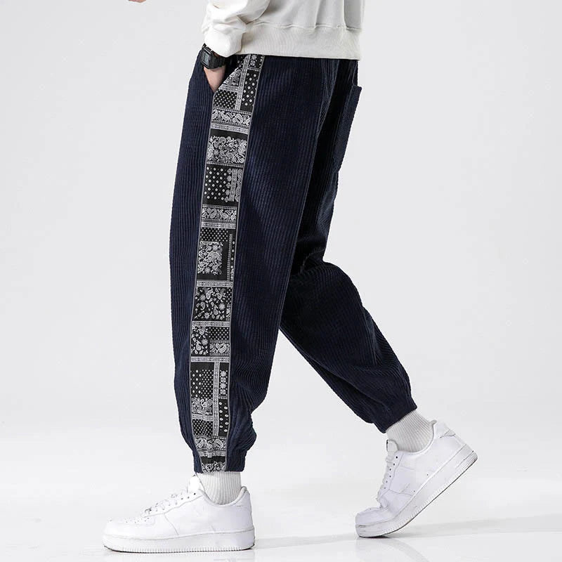 Buddha Stones Fall Solid Drawstring Side Paisley Pattern Straight Leg Ankle-length Corduroy Men's Pants With Pockets