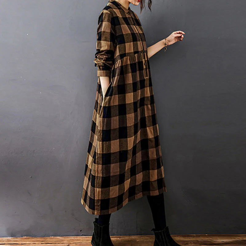 Buddha Stones Commute Patchwork Color Plaid Long Sleeve Cotton Midi Dress