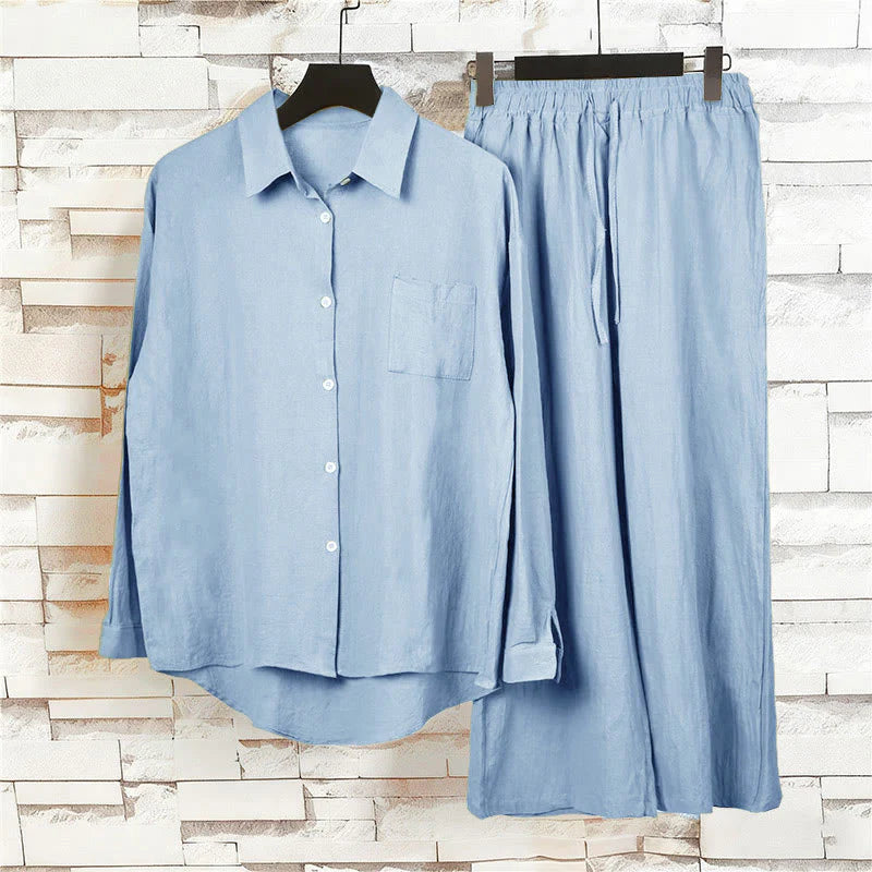 Buddha Stones 2Pcs Long Sleeve Shirt Top With Pockets Drawstring Pants Meditation Cotton Clothing Women's Set