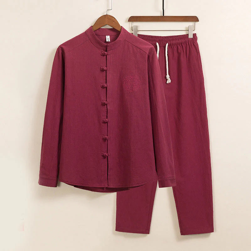 Buddha Stones 2Pcs Plain Men's Frog-Button Long Sleeve Cotton Shirt Pants Set With Pockets