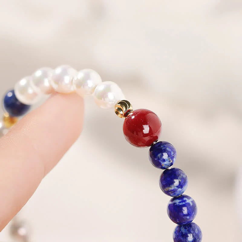 Buddha Stones Lapis Lazuli Lazurite Pearl Cinnabar Positive Beaded Bracelet