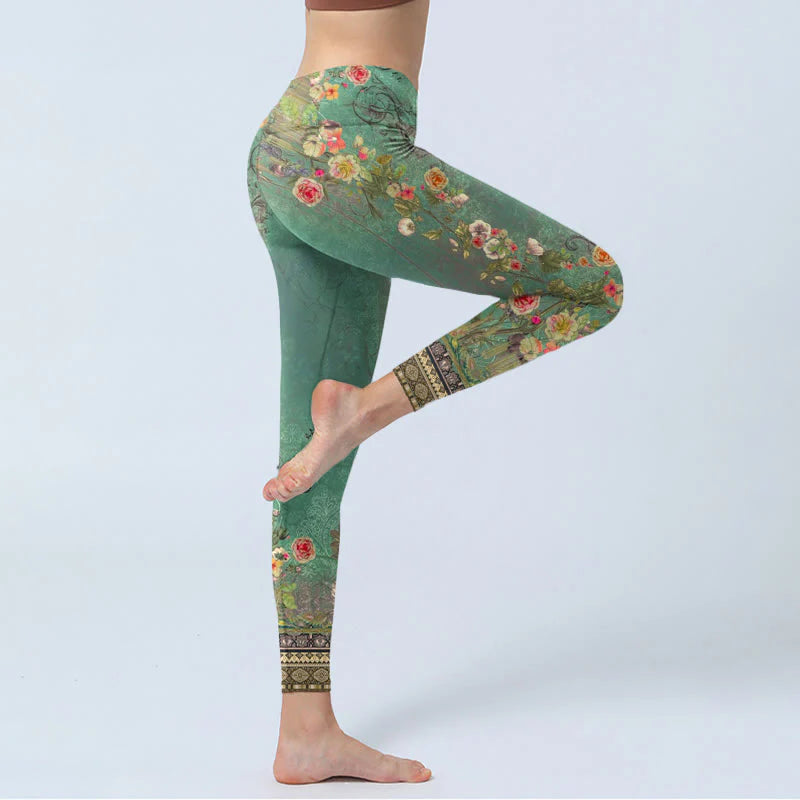 Buddha Stones Vintage Floral Garland Lace Damask Pattern Print Gym Leggings Women's Yoga Pants