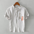 Buddha Stones Daily Plain Patch Color Matching Design Men's Short Sleeve Cotton Linen Shirt