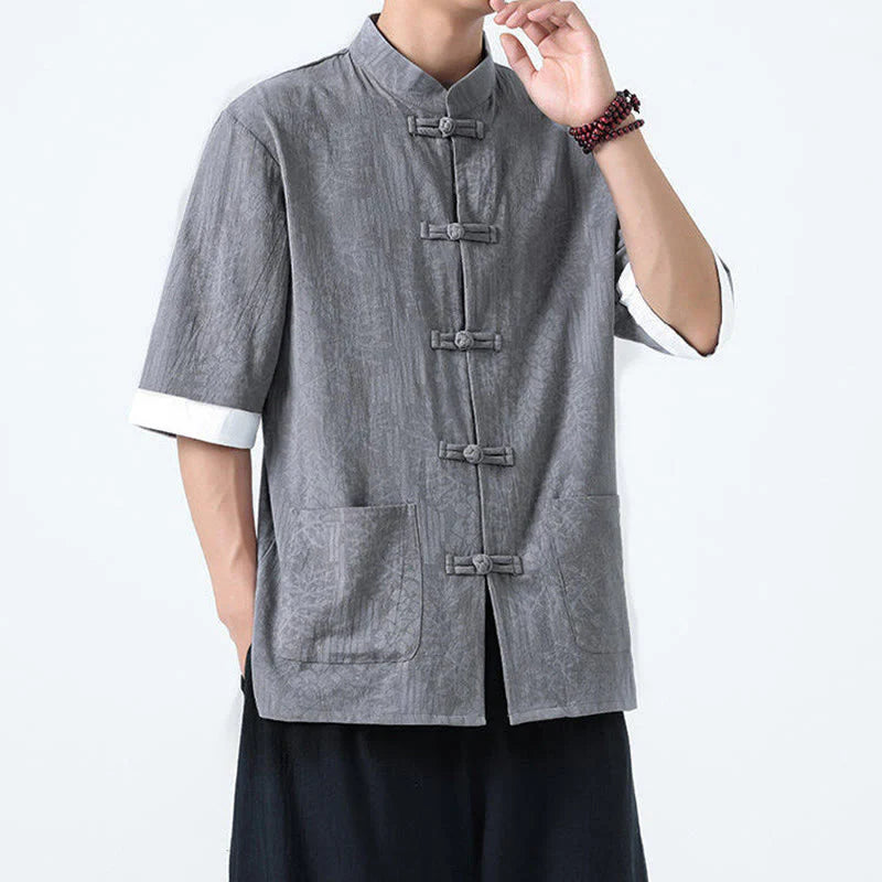 Buddha Stones Summer Flowers Grass Pattern Tang Suit Men's Frog-Button Half Sleeve Cotton Shirt With Pockets
