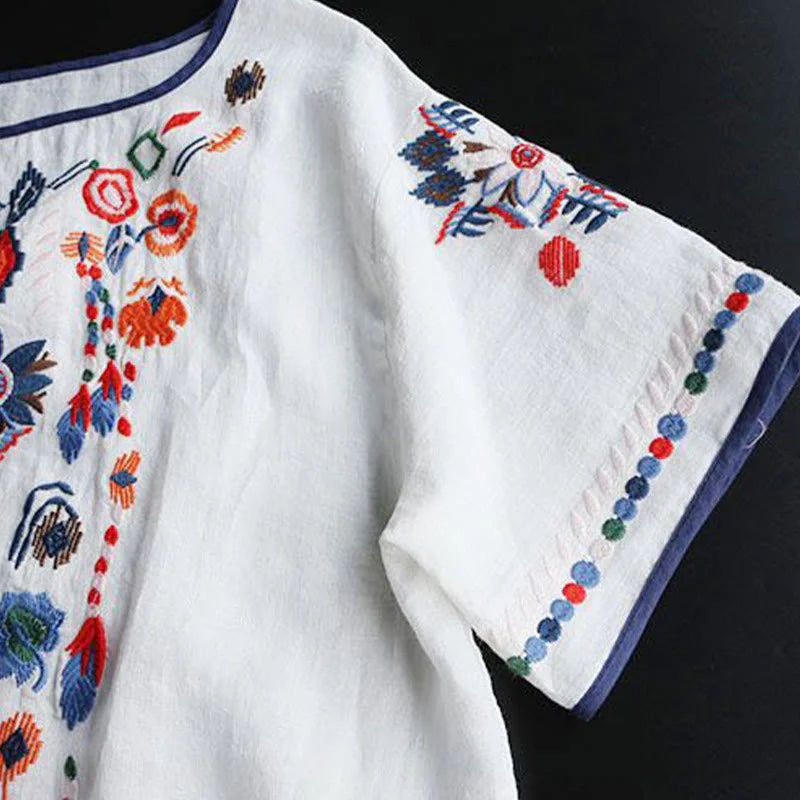 Buddha Stones Retro Artistic Embroidery Floral Pattern Crew Neck Women's Cotton Linen Short Sleeve T-Shirt
