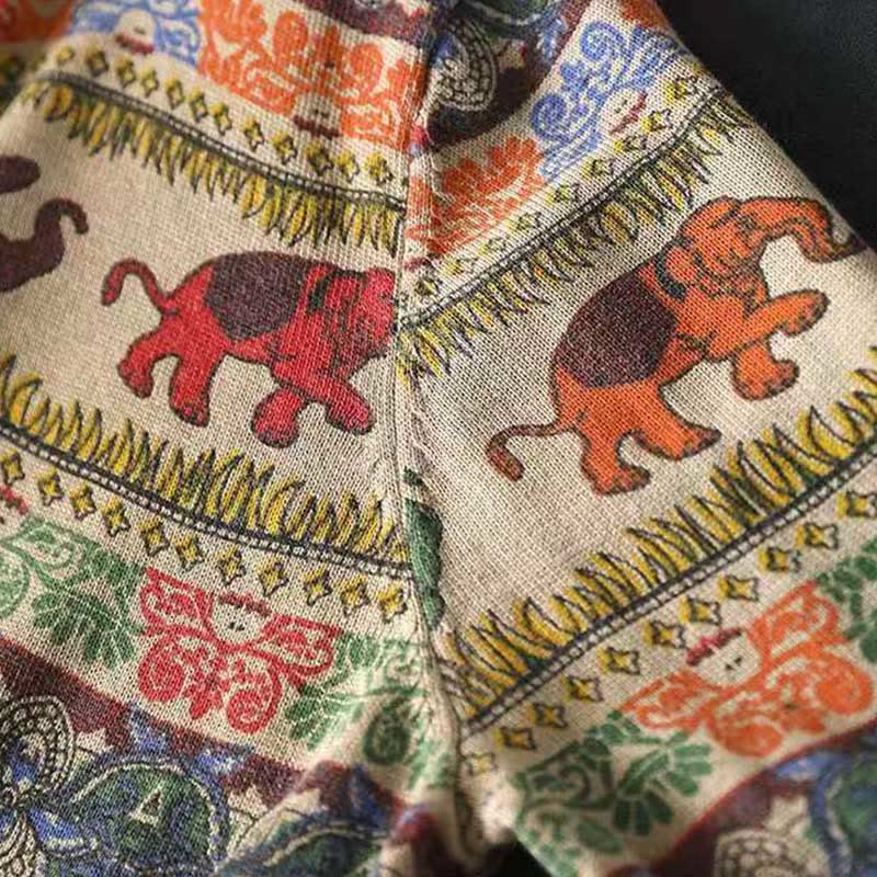 Buddha Stones Fall Elephant Pattern Knitted Cotton Women's Long Sleeve Sweater With Pockets