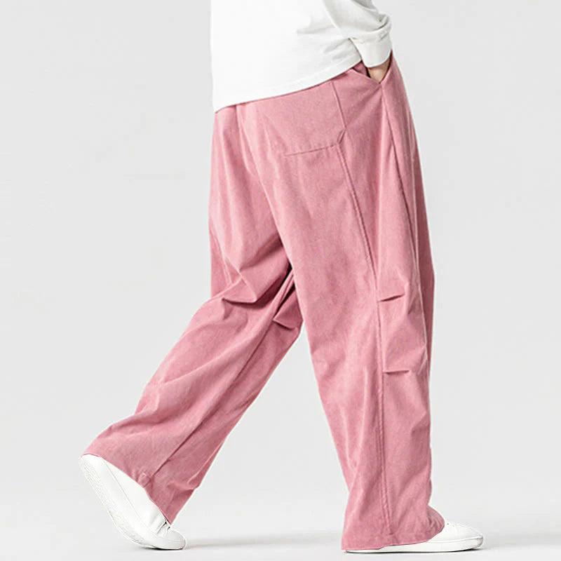 Buddha Stones Winter Drawstring Corduroy Cotton Men's Wide Leg Pants With Pockets
