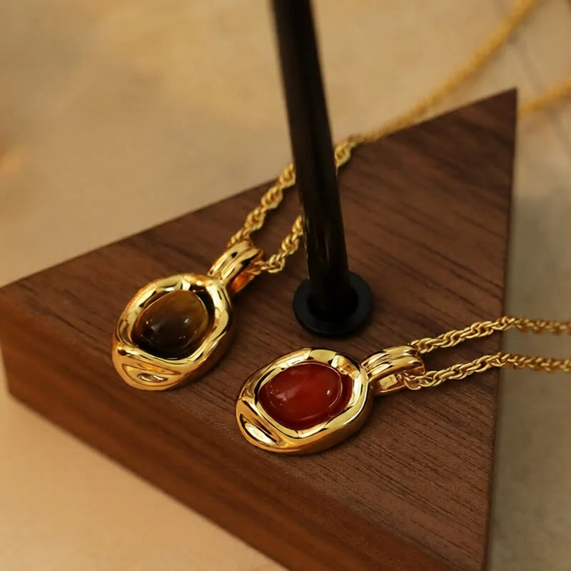 Buddha Stones Tiger Eye Red Agate Copper Plated Gold Chain Properity Necklace Pendant