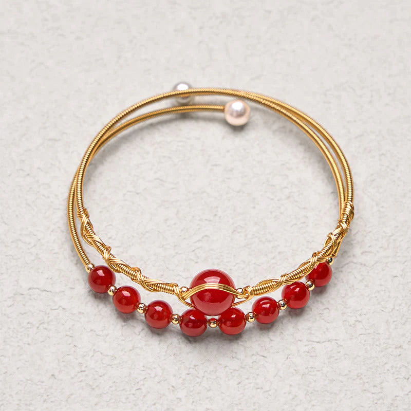 Buddha Stones 14K Gold Filled Copper Natural Red Agate Beads Confidence Metal Cuff Bracelet Bangle