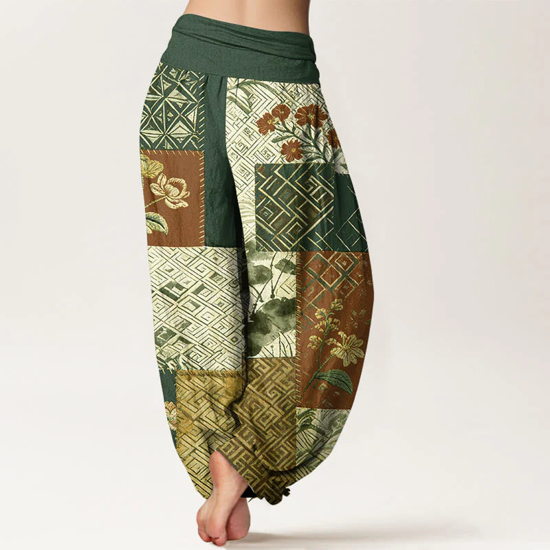 Buddha Stones Cotton Color Blocking Design Flower Geometry Pattern Women's Elastic Waist Harem Pants