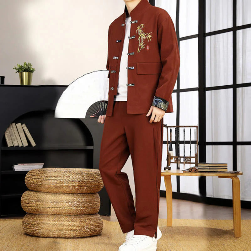 Buddha Stones 2Pcs Tang Suit Bamboo Frog-Button Men's Long Sleeve Shirt Pants Clothing Set