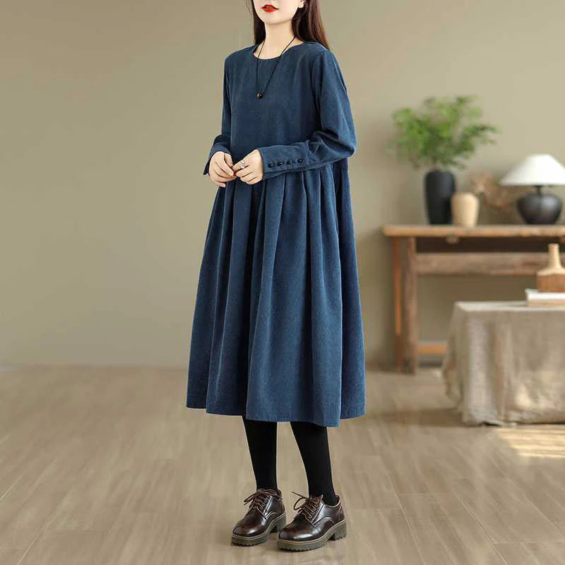 Buddha Stones Fall Plain DarkBlue Long Sleeve Corduroy Midi Dress With Pockets