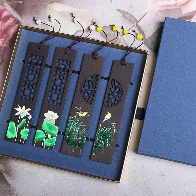 Buddha Stones Green Lotus Bamboo Oriole Ebony Wood Bookmarks With Gift Box (Extra 35% Off | USE CODE: FS35)