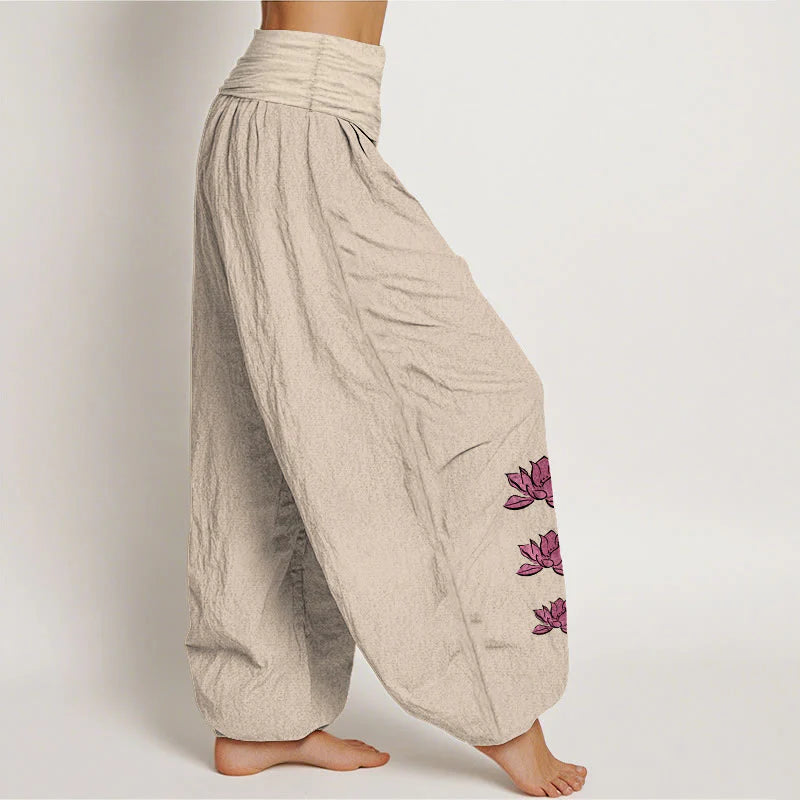 Buddha Stones Casual Lotus Pattern Pure Cotton Women's Elastic Waist Harem Pants