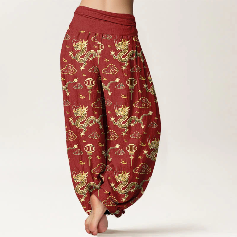 Buddha Stones Print Dragon Auspicious Cloud Lantern Pattern Women's Elastic Waist Harem Cotton Pants