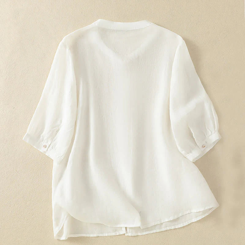 Buddha Stones Rose Floral Embroidery Button Half Sleeve Women's Cotton Shirt