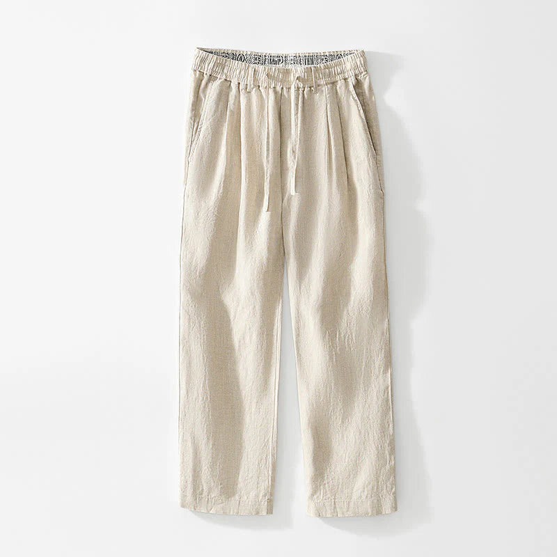 Buddha Stones Fall Solid Drawstring Elastic Waist Men's Linen Straight Leg Pants With Pockets