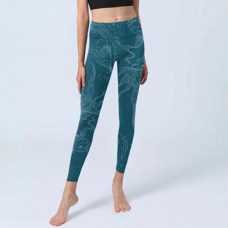 Buddha Stones Blue Koi Fish Flowing Waves Print Gym Leggings Women's Yoga Pants