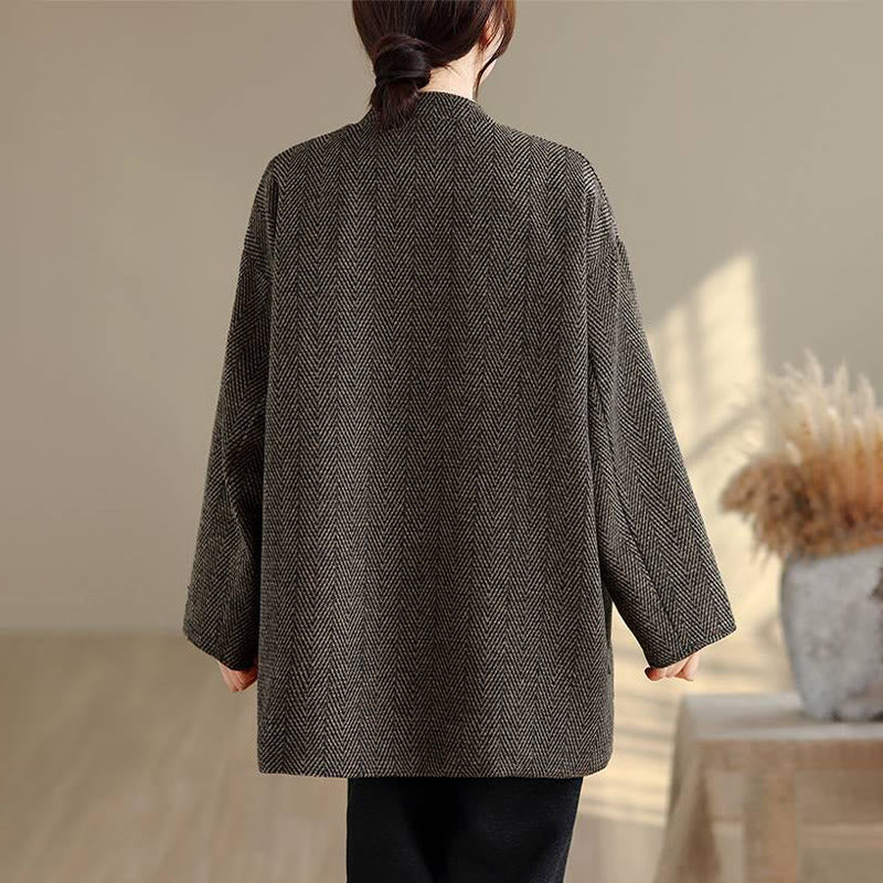 Buddha Stones Stripe V-Neck Cotton Long Sleeve Women's Coat With Pockets