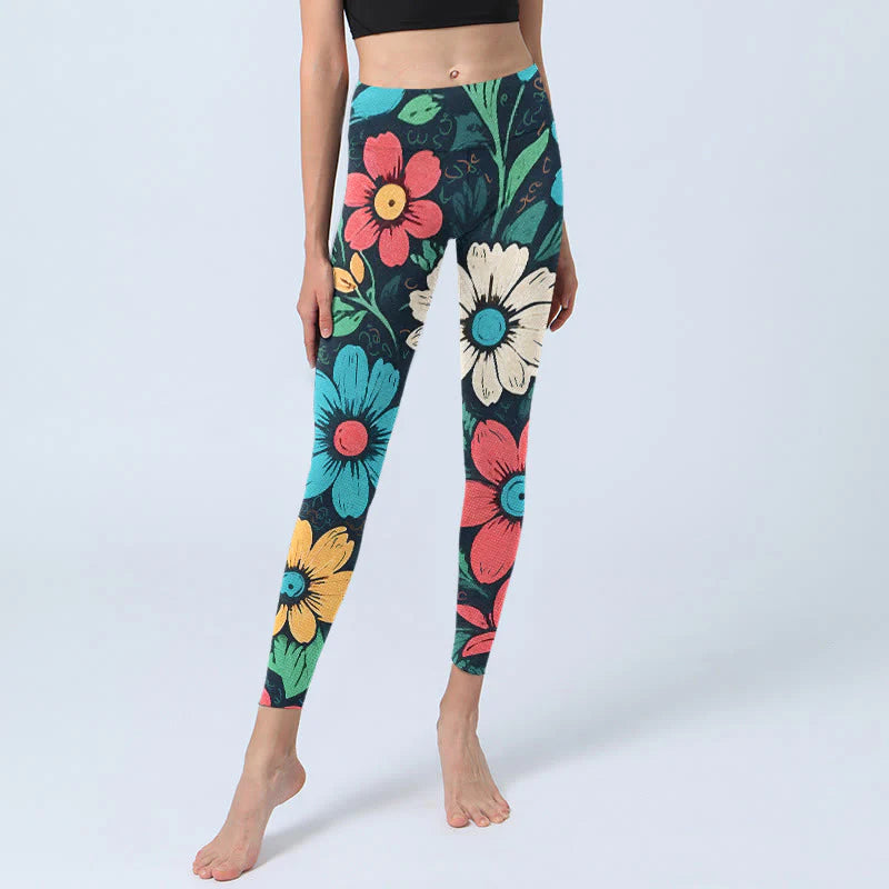 Buddha Stones Colorful Flower Pattern Print Gym Leggings Women's Yoga Pants