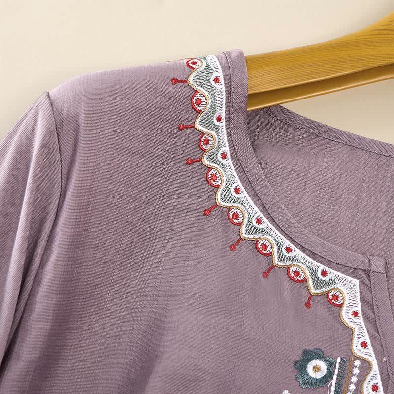 Buddha Stones Spring Boho Embroidered Cotton Linen Elbow-Length Sleeve Women's T-Shirts