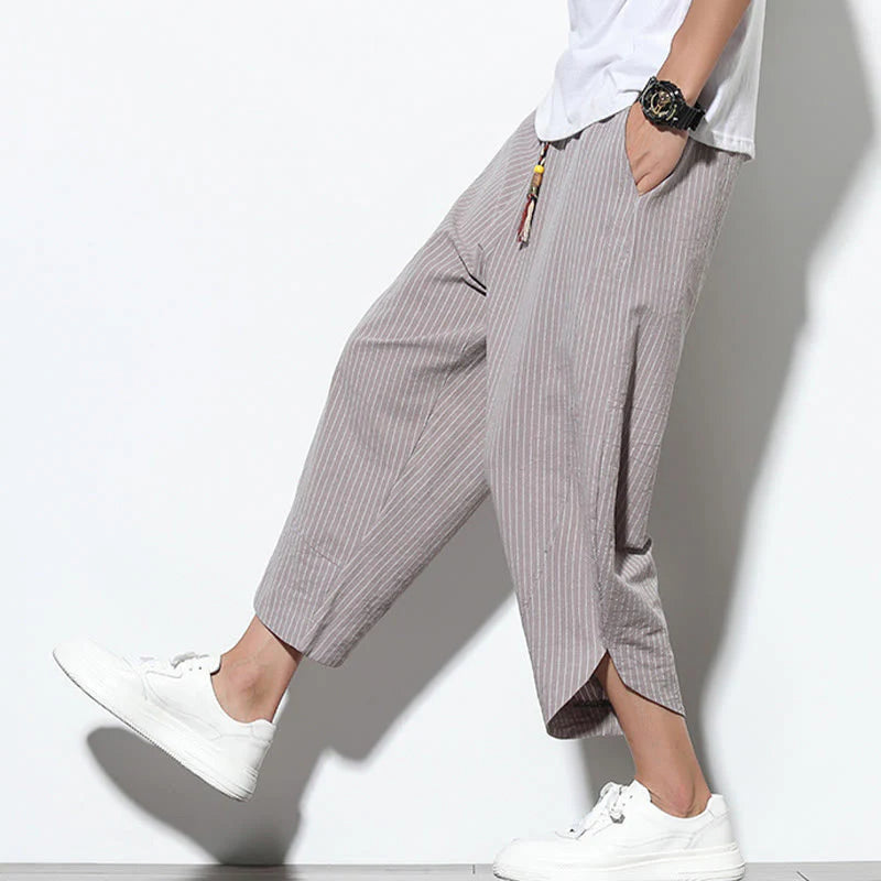 Buddha Stones Summer Stripes Pattern Drawstring Cotton Linen Men's 7-8 Length Harem Pants With Pockets