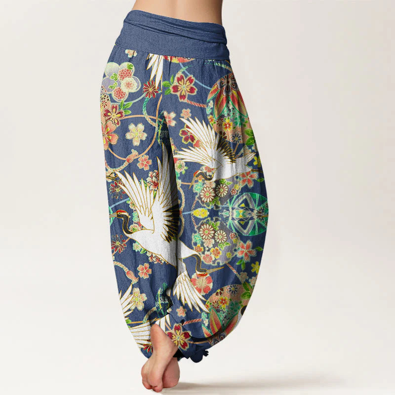 Buddha Stones Cotton Casual Crane Floral Geometric Pattern Elastic Waist Women's Harem Pants