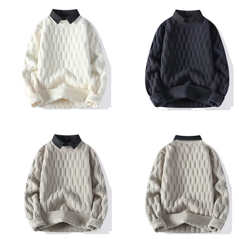 Buddha Stones Winter Black Stand Collar Lines Design Warm Men's Long Sleeve Knitted Sweater