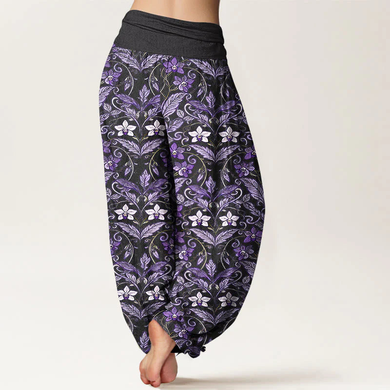 Buddha Stones Cotton Star Shaped Flowers Leaves Pattern Women's Elastic Waist Harem Pants