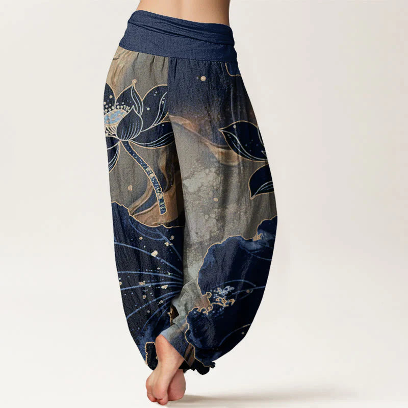 Buddha Stones Cotton Casual Lotus Petal Pattern Women's Elastic Waist Harem Pants