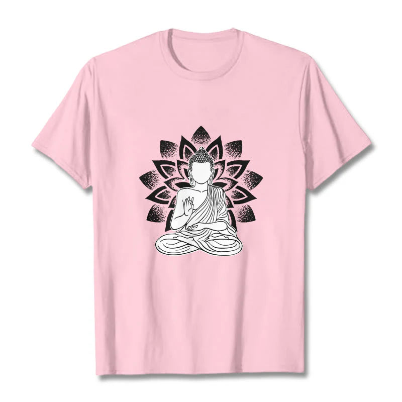 Buddha Stones Seated Buddha Lotus Flower Pattern Tee T-shirt