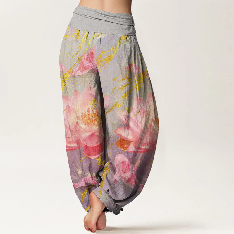 Buddha Stones Cotton Casual Lotus Flower Koi Fish Pattern Women's Harem Pants
