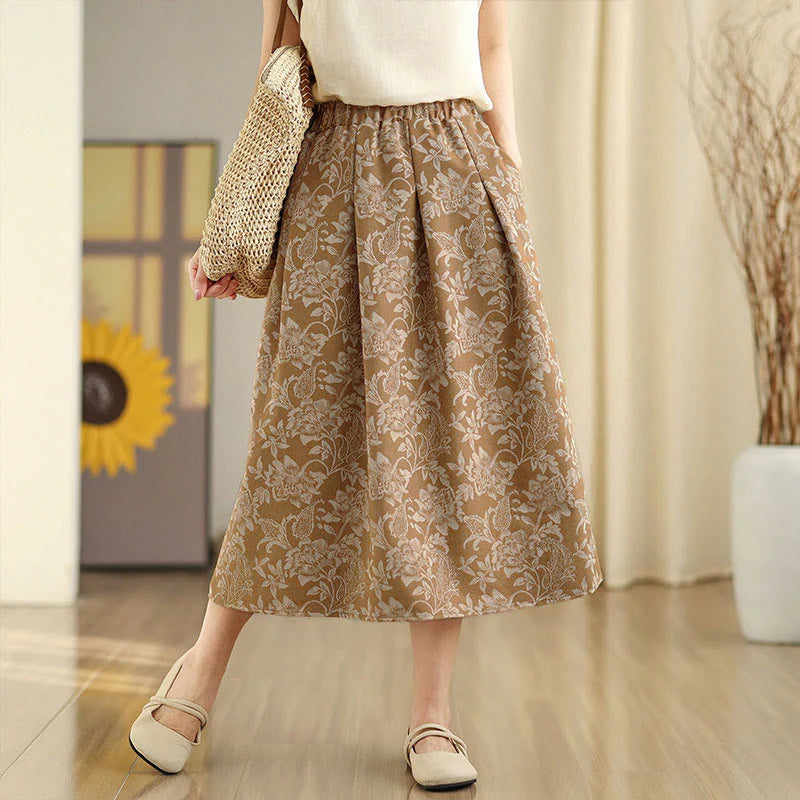 Buddha Stones Printing Flower Paisley Pattern A-line Elastic Waist Cotton Women's Skirt With Pockets