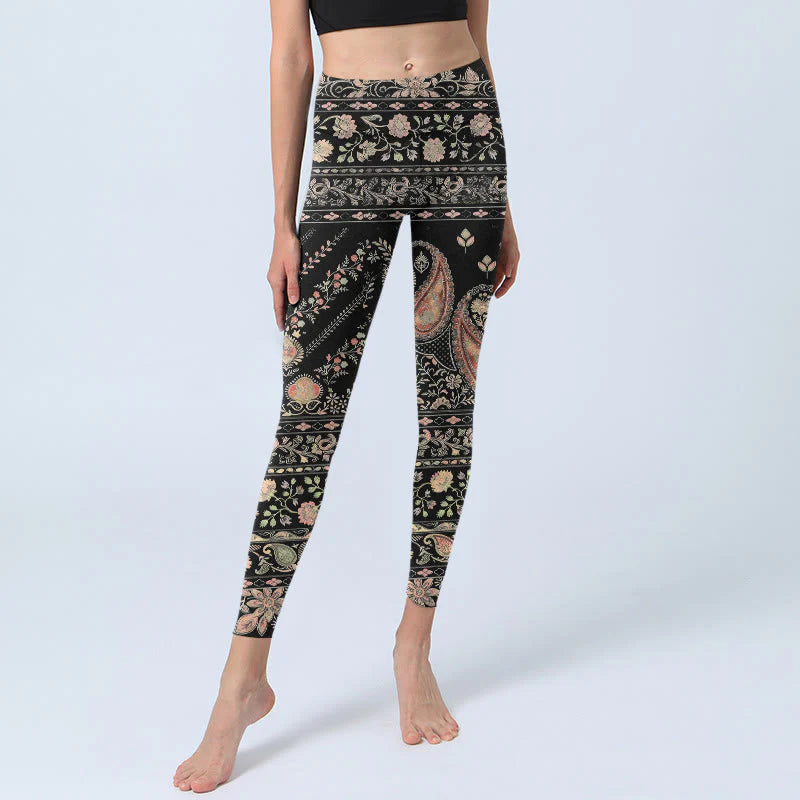 Buddha Stones Retro Repetitive Flower Leaf Vine Pattern Print Gym Leggings Women's Yoga Pants