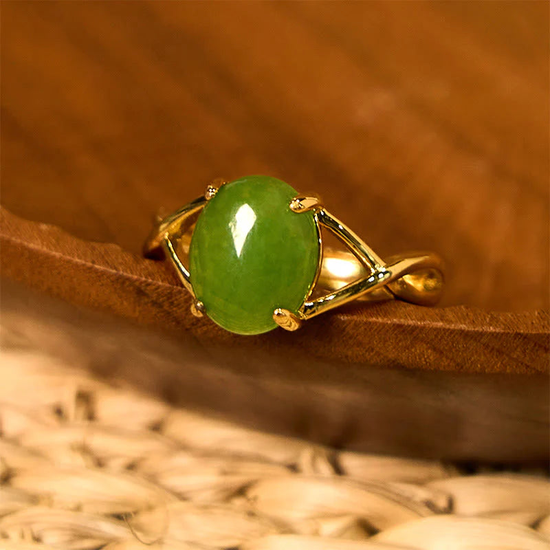 Buddha Stones Natural Jade Alloy Adjustable Buckle Abundance Ring