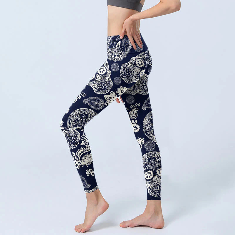 Buddha Stones Paisley Plant Skull Pattern Gym Leggings Women's Yoga Pants