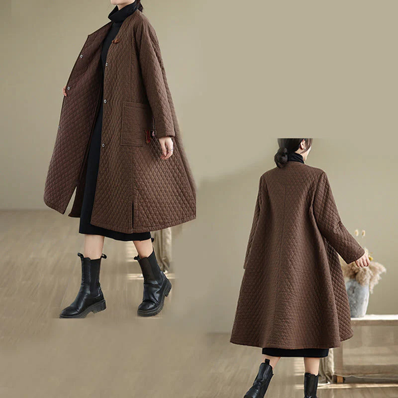 Buddha Stones Diamond Pattern Mid-length Women's Cotton Coat With Pockets