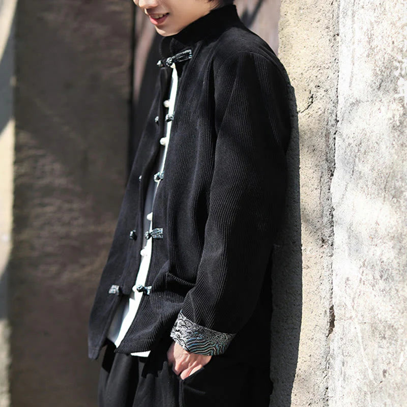Buddha Stones Spring Jacquard Frog-Button Men's Cotton Corduroy Long Sleeve Jacket With Pockets