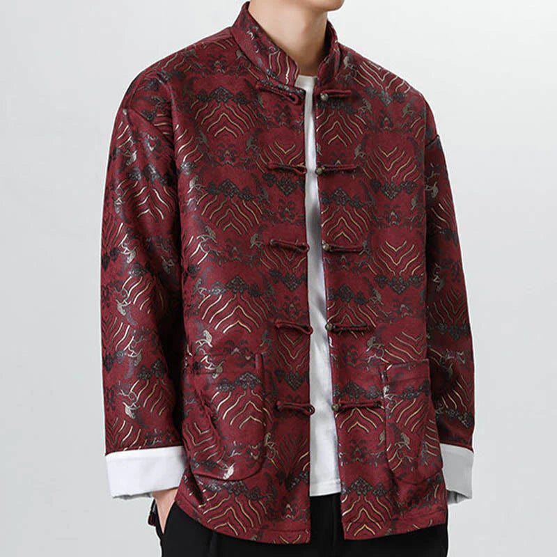 Buddha Stones Frog-Button Chinese Tang Suit Wave Shape Long Shirt Men Jacket Clothing (Extra 30% Off | USE CODE: FS30)