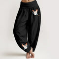 Buddha Stones Two Graceful Cranes Pattern Pure Cotton Women's Elastic Waist Harem Pants