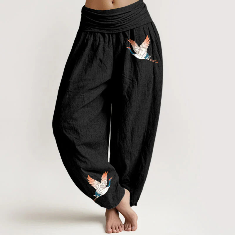 Buddha Stones Two Graceful Cranes Pattern Pure Cotton Women's Elastic Waist Harem Pants